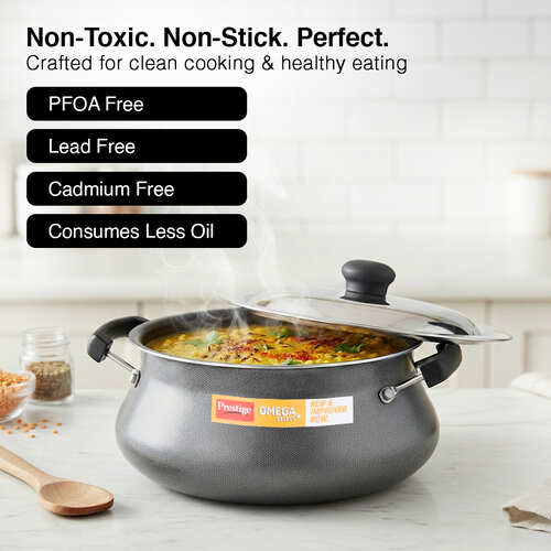 Prestige Omega Select Plus Teflon Non-stick Coated Senior Handi with Stainless Steel Lid and Scrubber for Non-Stick Cookware, 23cm (Black)