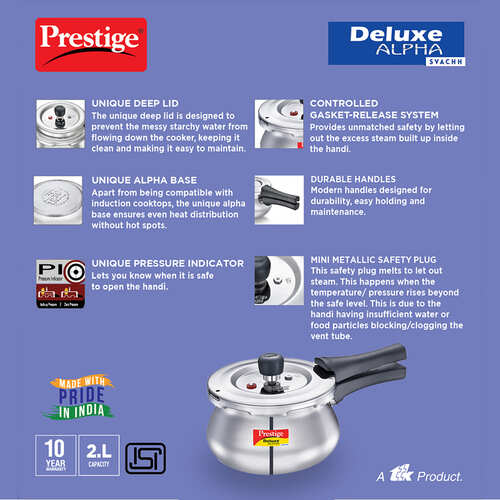 Prestige Deluxe Alpha Svachh Stainless Steel Spillage Control Handi Pressure Cooker (Silver)
