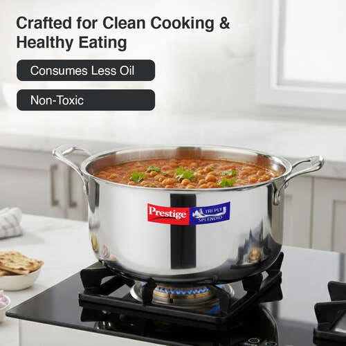 Prestige 28cm/7.2L Tri-Ply Stainless Steel Splendid Casserole| Gas and Induction Compatible |Even Heat Distribution| Thick Gauge Tri-Ply Body| Perma Cool Handles|15 Year Warranty