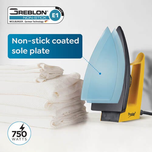 Prestige Magic Magnite 750W Dry Iron|Greblon Non-Stick Coated Sole Plate|Wide Range Of Fabric Interface|Light Weight|Neon Indicator Light|2 Years Warranty|Yellow & Black