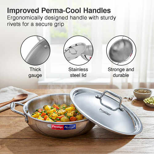 Prestige 32cm/6.0L Tri-Ply Stainless Steel Splendid Kadai with Lid|Gas and Induction Compatible|Even Heat Distribution| Thick Gauge Tri-Ply Body| Perma Cool Handles|15 Year Warranty