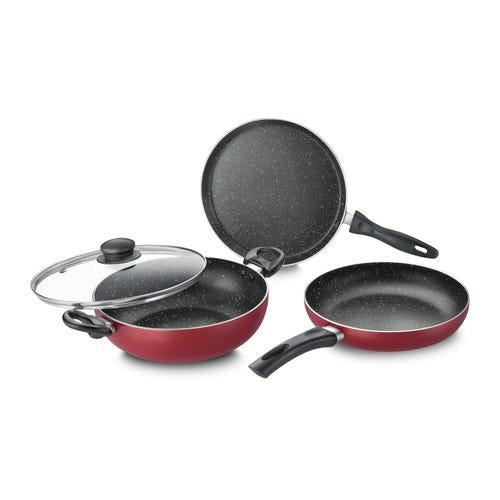 Omega Deluxe Plus Build Your Kitchen Set
Omni Tawa Dia 25 cm - 1 Unit, Fry Pan Dia 24 cm/1.7 L - 1 Unit & Kadai Dia 24 cm/2.4 L with Glass Lid - 1 Unit