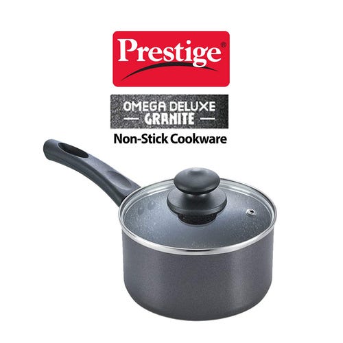 Prestige Omega Deluxe Granite Non-stick Round Base Milk Pan with Glass Lid (Black)