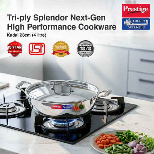 Prestige 28cm/4.0L Tri-Ply Stainless Steel Splendid Kadai with Lid|Gas and Induction Compatible|Even Heat Distribution| Thick Gauge Tri-Ply Body| Perma Cool Handles|15 Year Warranty