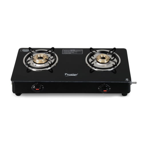Prestige Iris 2 Burner Gas Stove | Toughened Glass Top | Tri-Pin Brass Burners | Ergonomic Knob | Black | 2Y Warranty | ISI Certified