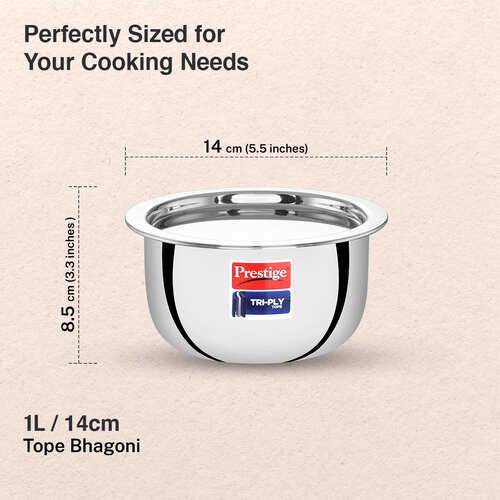 Prestige 14cm/1L Tri-Ply Stainless Steel Tope with Lid|Gas and Induction Compatible| Even Heat Distribution|Strong and Durable| 5 Years Warranty