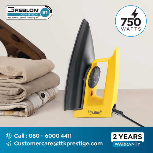 Prestige Magic Magnite 750W Dry Iron|Greblon Non-Stick Coated Sole Plate|Wide Range Of Fabric Interface|Light Weight|Neon Indicator Light|2 Years Warranty|Yellow & Black