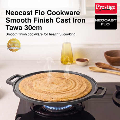 Prestige Cast Iron Tawa 30cm | Ferrocast Flo | Non-Stick | Gas & Induction Compatible | Chemical Free | Preseasoned | Sturdy Handle | Healthy Eating | Lifetime Warranty