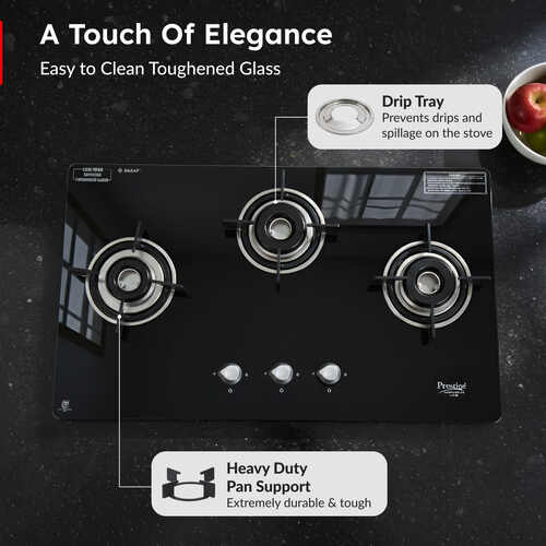 Prestige Marvella 3 Burner Hob | Auto Ignition | Toughened Glass Top | SABAF Burners | Sturdy Pan Support | Ultra Slim Body | Ergonomic Knob | Black | 5Y Glass Warranty