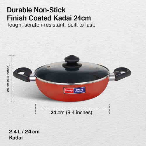 Prestige Omega Aluminium Non-Stick Essentials Kadai Dia 24 cm /2.4 L with Glass Lid