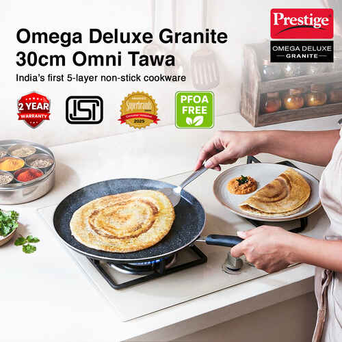 Prestige Omega Granite Non-stick Dosa Tawa 30cm | 5-Layer Coating | Gas & Induction Compatible | PFOA Free | Metal Spoon Friendly | Sturdy Handle | Dishwasher Safe | 2Y Warranty | ISI Certified