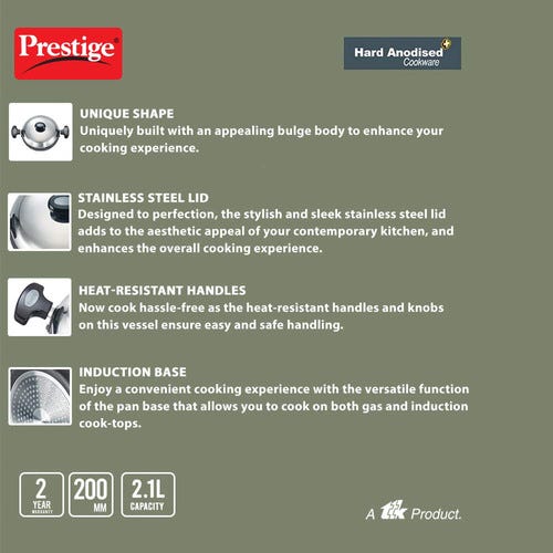 Prestige Hard Anodised Plus Gas and Induction Compatible Kadai with Lid, (Black)