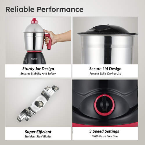 Prestige 750 Watts Regal Mixer Grinder with 3 Stainless Steel Jars| Appealing Design| Sturdy Handles| Red and Black