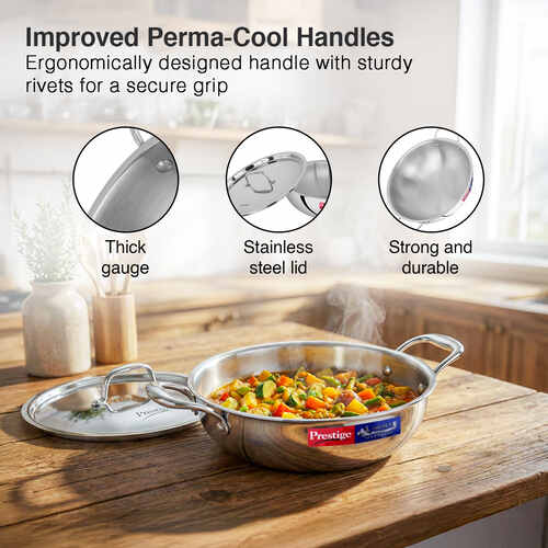 Prestige 24cm/2.7L Tri-Ply Stainless Steel Splendid Kadai with Lid|Gas and Induction Compatible|Even Heat Distribution| Thick Gauge Tri-Ply Body| Perma Cool Handles|15 Year Warranty