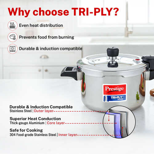 Prestige 3 Litre TRIPLY Svachh Outer Lid Pressure Cooker | Deep Lid for Spillage Control | Gas & Induction Compatible | Gasket Release System | Visual Pressure Indicator | 5Y Warranty | ISI