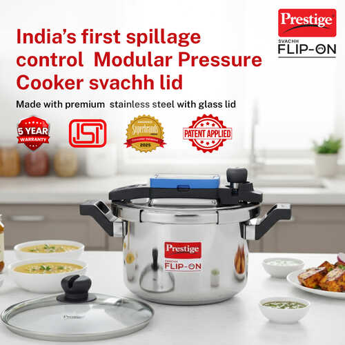 Prestige Svachh Flip-on Stainless Steel Spillage Control Pressure Cooker with Glass Lid, 5 Litre (Silver)