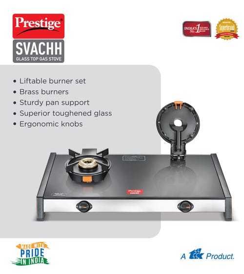 Prestige Svachh Glass Top Gas Stove GTSV | Liftable Burners | Ergonomic Knobs