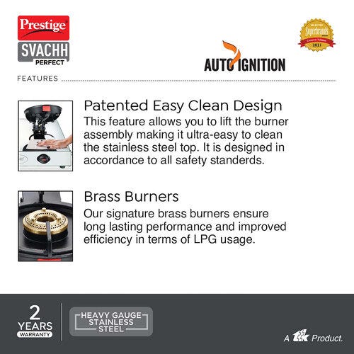 Prestige Svachh Perfect 3B with Liftable Burners Stainless Steel Auto-ignition Gas Stove