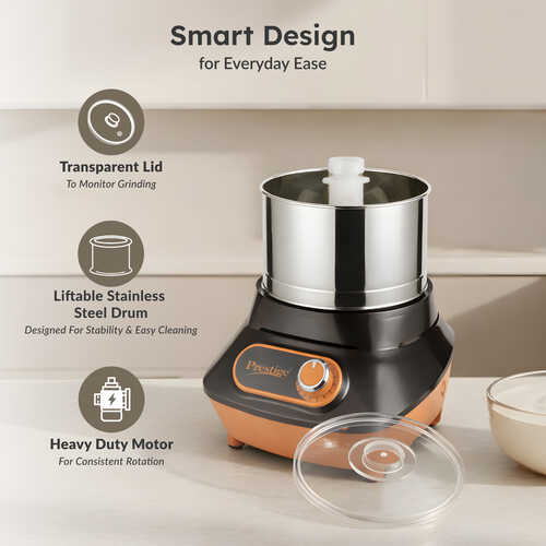 Prestige Vertical PVG 2.0 Wet Grinder with Stainless Steel Drum 200 W, 2 L (Black & Orange)