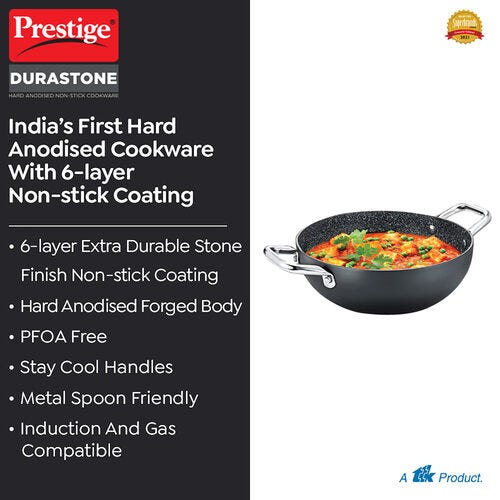PRESTIGE DURASTONE HARD ANODISED NON-STICK COOKWARE DEEP KADAI 24cm (3 LITRE) WITH GLASS LID