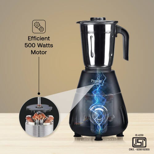 Prestige Apex Blendo 500 Watt Mixer Grinder with 4 Jars (2 Stainless Steel Jars + 2 Nutri Blend) | Super Efficient SS Blades | Black | 2Y Warranty | ISI Certified
