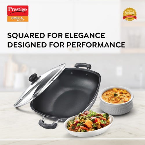 Prestige Omega Select Plus Aluminium Non-stick Coating Square Base Kadai with Glass Lid, (Black)