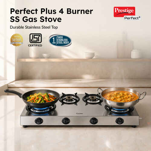 Prestige Perfect Plus 04B Designer Forged Brass Burners|Removable Spill Tray Stainless Steel Manual Gas Stove (4 Burners)