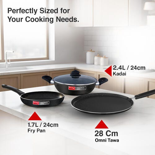 Prestige Omega Deluxe Granite Alpha 3 Piece BYK Non-Stick Cookware Set| Kadai 24cm with Glass Lid, Omni Tawa 28cm and Fry Pan 24cm| Gas and Induction Compatible| 5 Layer Non-Stick Coating