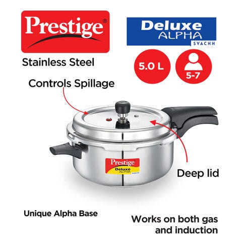 Prestige Deluxe Alpha Svachh Stainless Steel Spillage Control Pressure Cooker-(Silver/Silver)