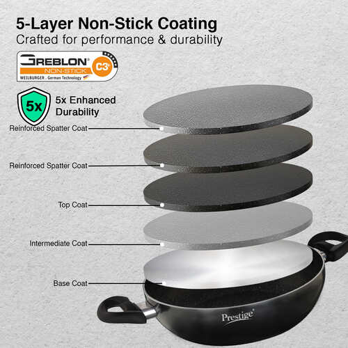 Prestige Omega Deluxe Granite Non-stick Kadai with Glass Lid, 26cm, 3.25 L (Black)