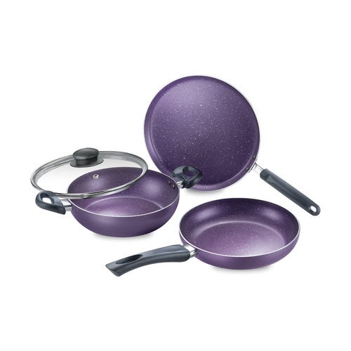 Prestige Augusta Blueberry Aluminium Non Stick Cookware 3 Pcs Set
Omni Tawa Dia 28 cm - 1 Unit, Fry Pan Dia 24 cm - 1 Unit, Kadai with Glass Lid Dia 24 cm - 1 Unit