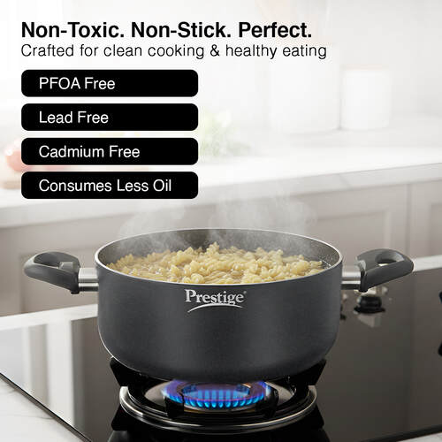Prestige Omega Deluxe Granite Non-stick Round Base Sauce Pan with Glass Lid, 24cm, 4.25 L (Black)