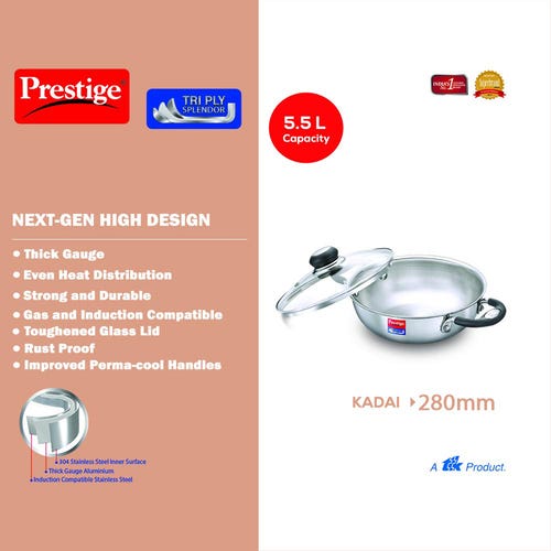 Prestige 28cm/4.25L Tri-Ply Stainless Steel Splendor Kadai with Lid| Gas & Induction Compatible| Even Heat Distribution| Strong and Durable| Perma-Cool Handles| Lifetime Warranty