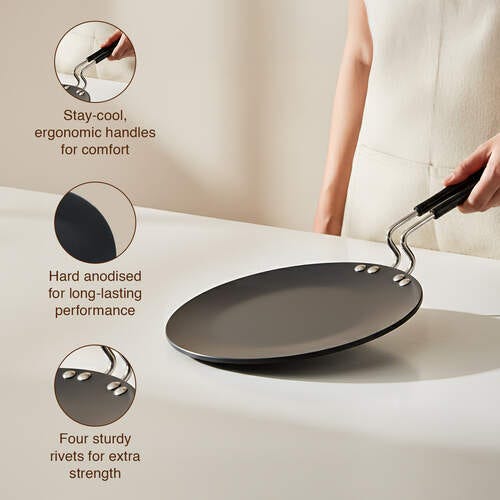 Prestige Hard Anodised Chapati Tawa 24.5 cm | Extra Thick Base (4.88 mm) | Gas & Induction Compatible | Metal Spoon Friendly | Stay Cool Handle | Wide Base | 2Y Warranty | ISI
