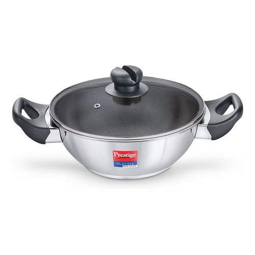 Prestige Platina Non-stick Stainless Steel Unique Impact Forged Bottom Kadai with Glass Lid, 30cm, 3.5L (Silver)