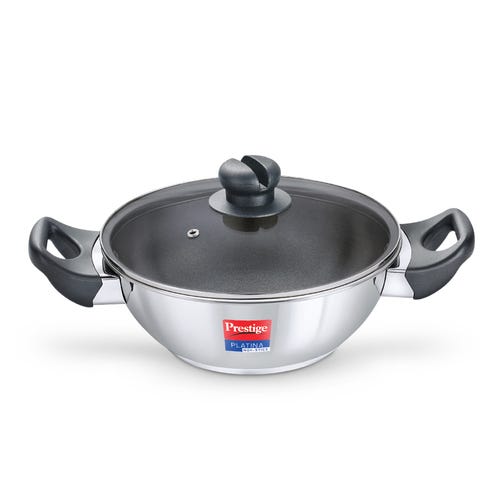 Prestige Platina Non-stick Stainless Steel Unique Impact Forged Bottom Kadai with Glass Lid (Silver)