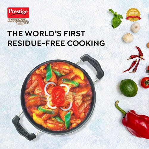 Prestige Omega Select Plus Aluminium Flat Base Non-Stick Coating Kadai with SS Lid, (Black)