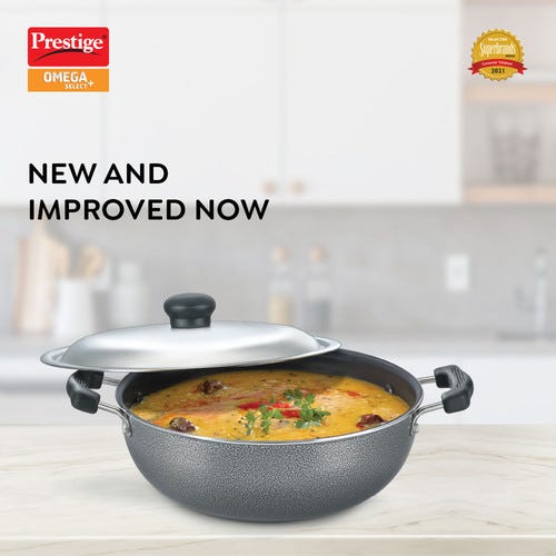 Prestige Omega Select Plus Superior Non-stick Coating Round Base Kadai with Lid (Black)