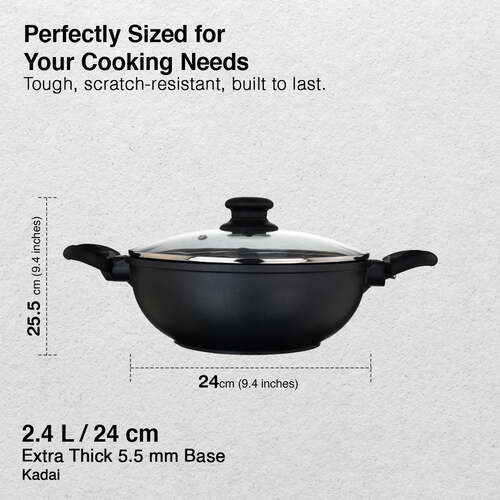Omega Die-Cast Plus Aluminium Non-Stick Kadai 24 Cm with Glass Lid