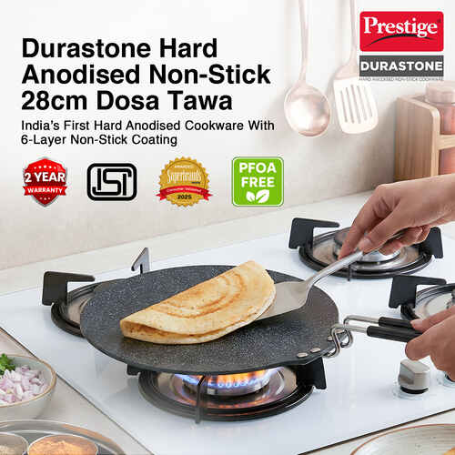 Prestige Durastone 28cm Hard Anodised Non-Stick Dosa Tawa| 6 Layer Non-Stick Coating| Gas and Induction Compatible| Metal Spoon Friendly| Stay Cool Handles| 2 Years Warranty| Black