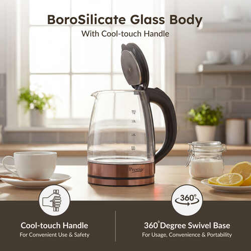 Prestige PKGB 1.8 Litre Electric Glass Kettle| LED Power Indicator| Borosilicate Glass| Automatic Power Cut-Off| Concealed Element| 360 Degree Swivel| Cool Touch Handle