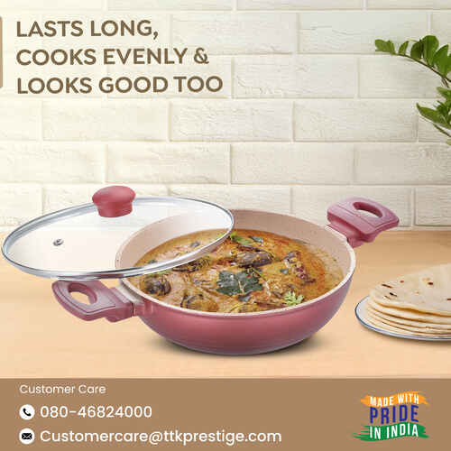 Prestige Omega Die-Cast Non-Stick Kadai with Glass Lid | 3-Layer Coating | Die-Cast Body | Metal Spoon Friendly | Heavy Base