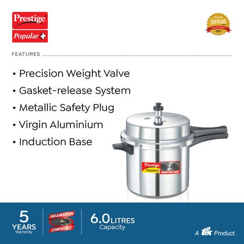 Prestige Popular Plus Virgin Aluminium Gas and Induction Compatible Pressure Cooker, 6 L (Silver)