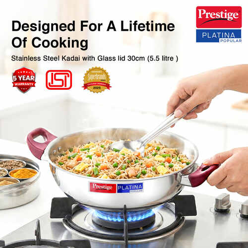 Prestige Platina Popular Stainless Steel Unique Impact Forged Bottom Kadai with Toughened Glass Lid, 30cm (5.5 L) (Silver)