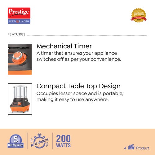 Prestige Vertical Wet Grinder with Stainless Steel Drum 200 W (Black & Orange)