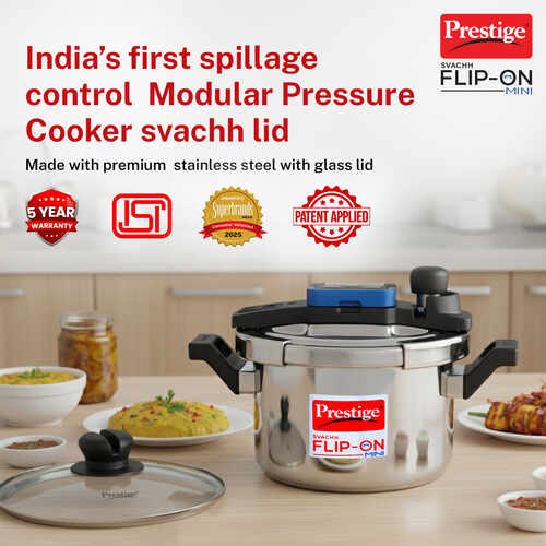 Prestige Svachh Flip-on Mini Stainless Steel Gas and Induction Compatible Pressure Cooker with Glass Lid, 3 Litre (Silver)