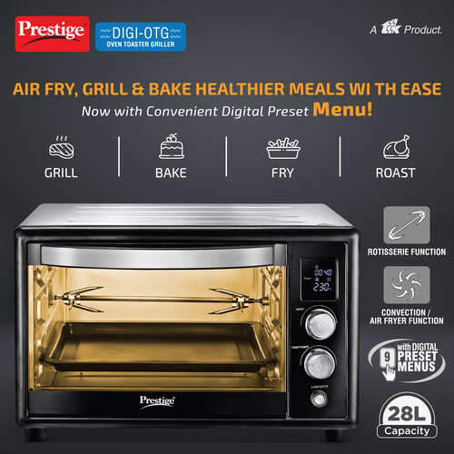 Prestige Digi-OTG 28 Litre Oven Toaster Grill| Smart Digital Display| Convection/Air Fryer Function| Rotisserie Function| Stainless Steel Heaters