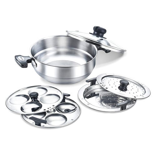 Prestige Stainless Steel Induction Base Multi-Kadai with Glass Lid (Dhokla Plate, Patra Plate, Idli Plates), (Silver)