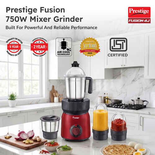 Prestige Fusion 4J 750 Watt Mixer Grinder with with 4 Jars (2 Stainless Steel + 2 Transparent) | Space-Saving Design | Extra Sipper & Storage Lid | Stainless Steel Blades | 2Y Warranty | ISI Certified