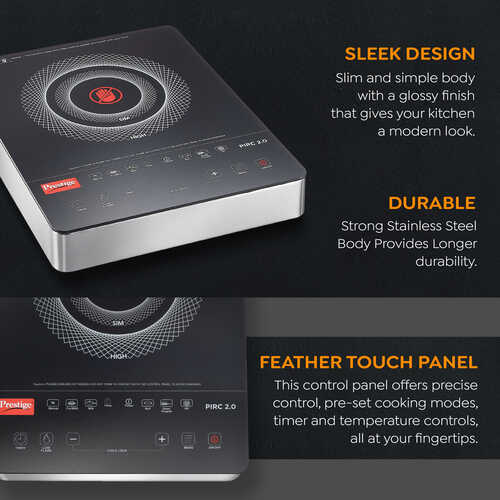 Prestige PIRC 2.0 2000 Watts Infrared Dual Heating Zone Cooktop |High Voltage Surge Protection| Dual Heat Mode| Radiant Heating Technology| Feather Touch Buttons| Stainless Steel| Portable
